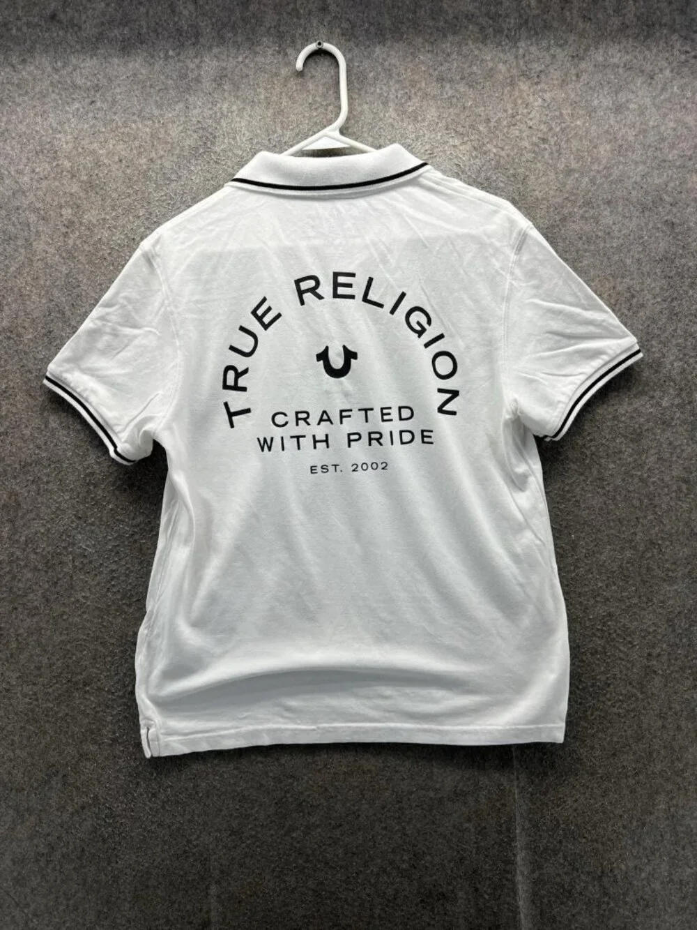 True Religion Polo Shirt Men Medium White Tipped Collar Logo Short Sleeve Casual
